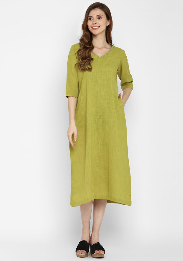 Olive Green V-Neck Cotton Dress with Pockets