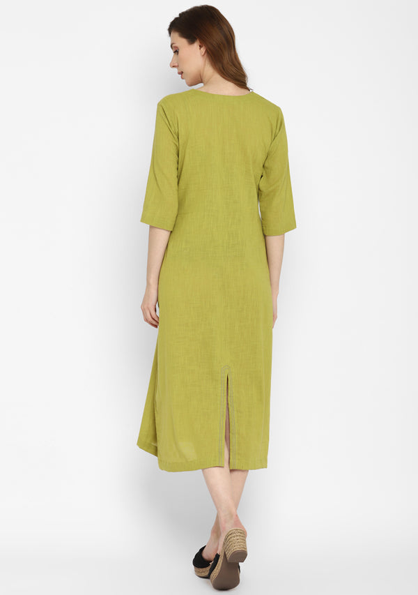 Olive Green V-Neck Cotton Dress with Pockets