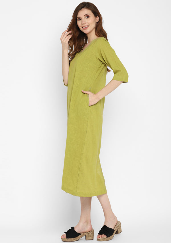 Olive Green V-Neck Cotton Dress with Pockets