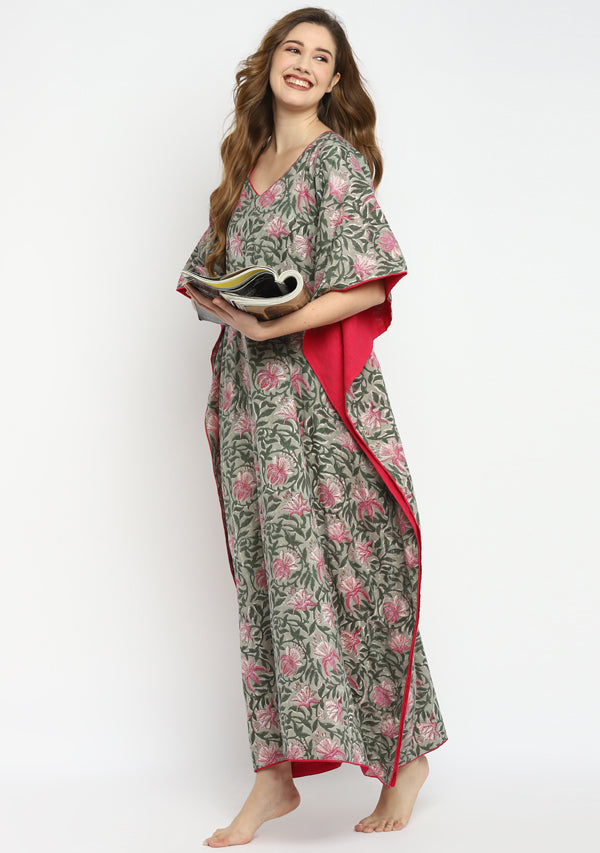 Grey Fuchsia Floral Hand Block Printed V-Neck Cotton Kaftan with Side Trimmings