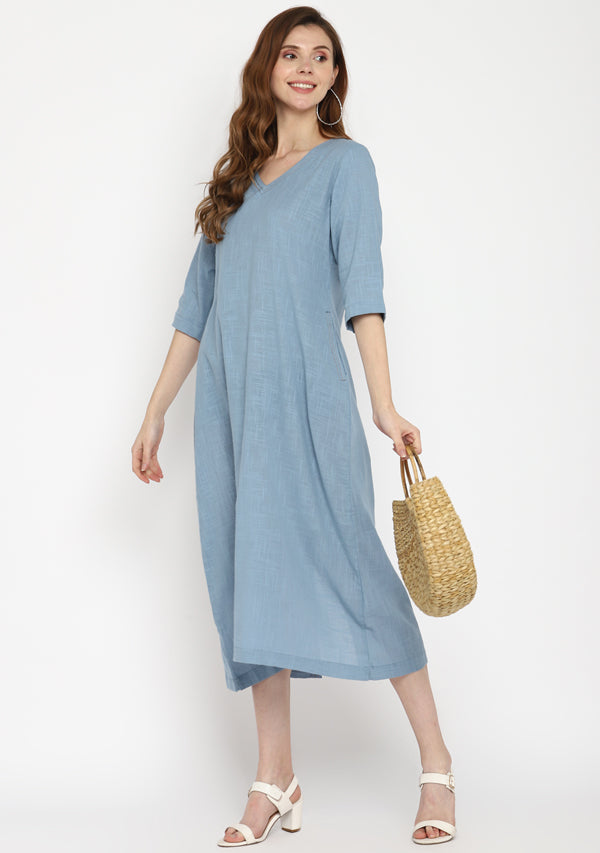 Smoke Blue V-Neck Cotton Dress with Pockets