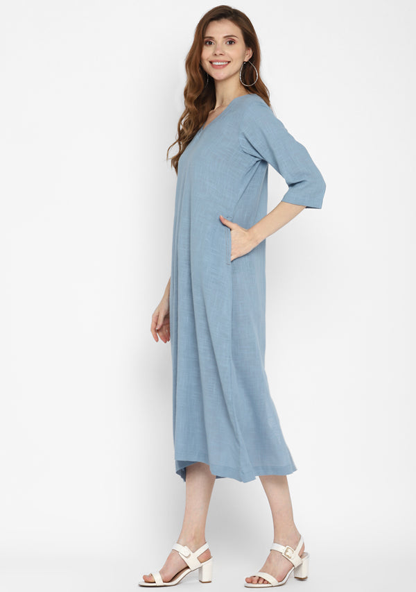 Smoke Blue V-Neck Cotton Dress with Pockets