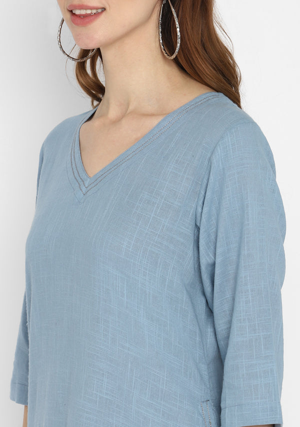 Smoke Blue V-Neck Cotton Dress with Pockets