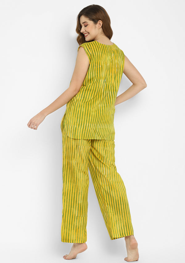 Yellow Green Hand Block Striped Printed Sleeveless Cotton Night Suit