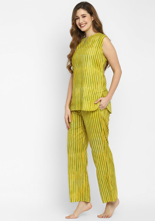 Yellow Green Hand Block Striped Printed Sleeveless Cotton Night Suit