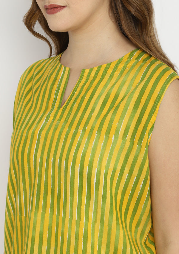 Yellow Green Hand Block Striped Printed Sleeveless Cotton Night Suit