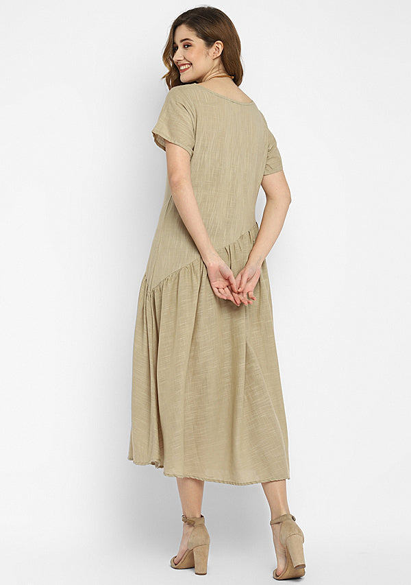 Beige Long Cotton Dress With Gathered Waistline