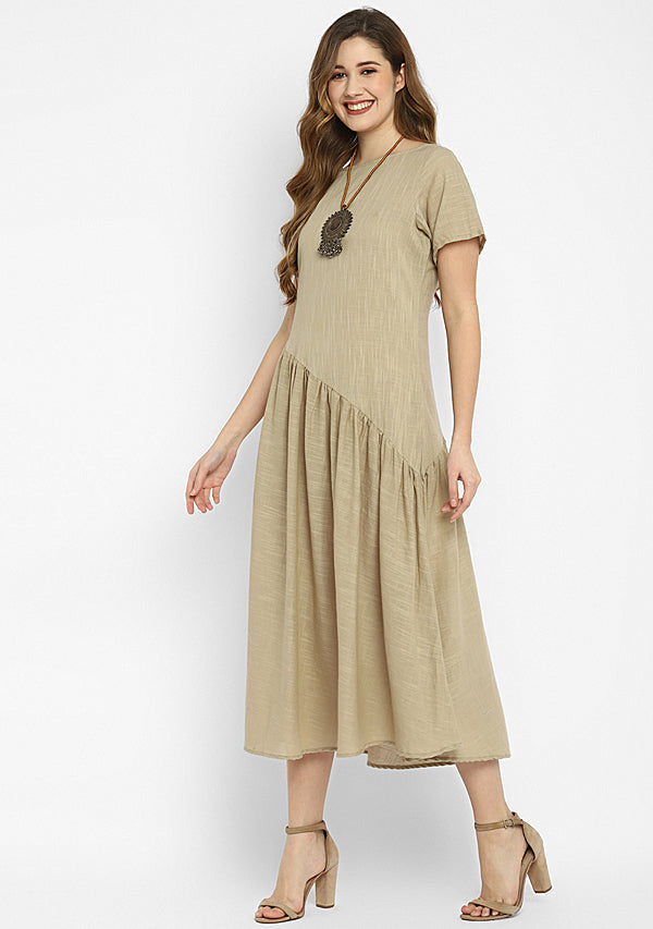 Beige Long Cotton Dress With Gathered Waistline