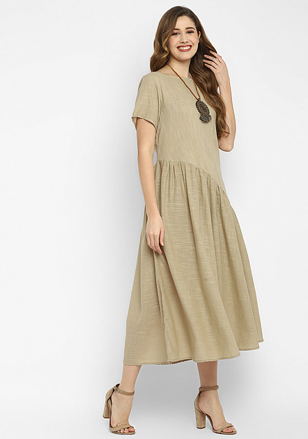 Beige Long Cotton Dress With Gathered Waistline