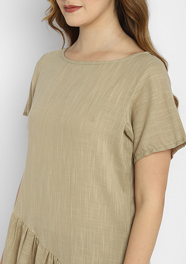 Beige Long Cotton Dress With Gathered Waistline