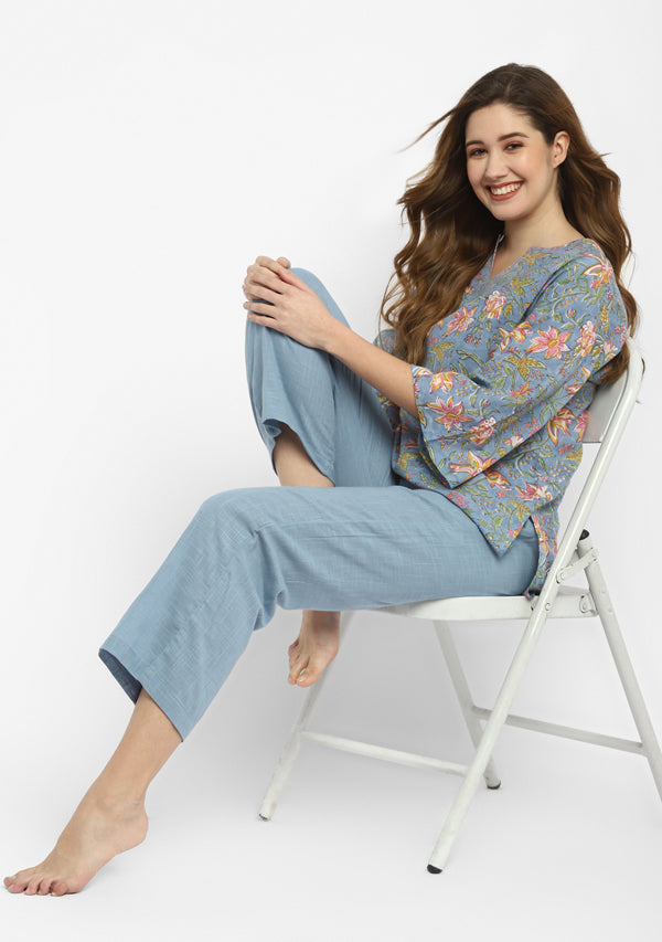 Smoke Blue Floral Hand Block Printed Cotton Night Suit