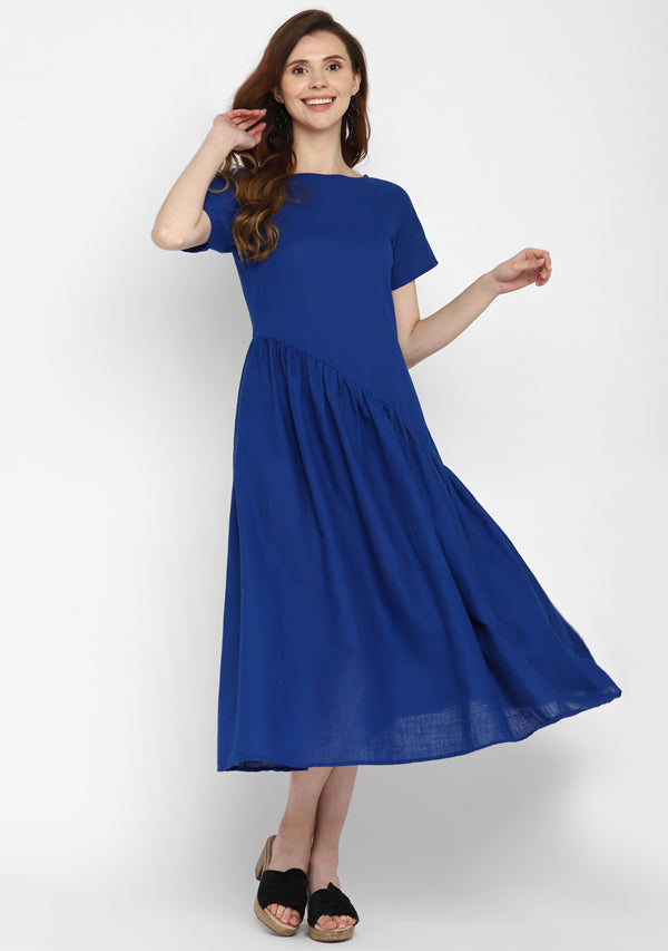 Royal Blue Long Cotton Dress With Gathered Waistline