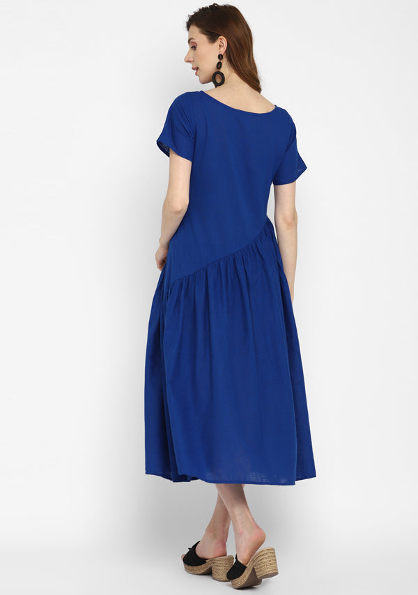 Royal Blue Long Cotton Dress With Gathered Waistline