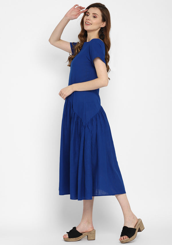 Royal Blue Long Cotton Dress With Gathered Waistline