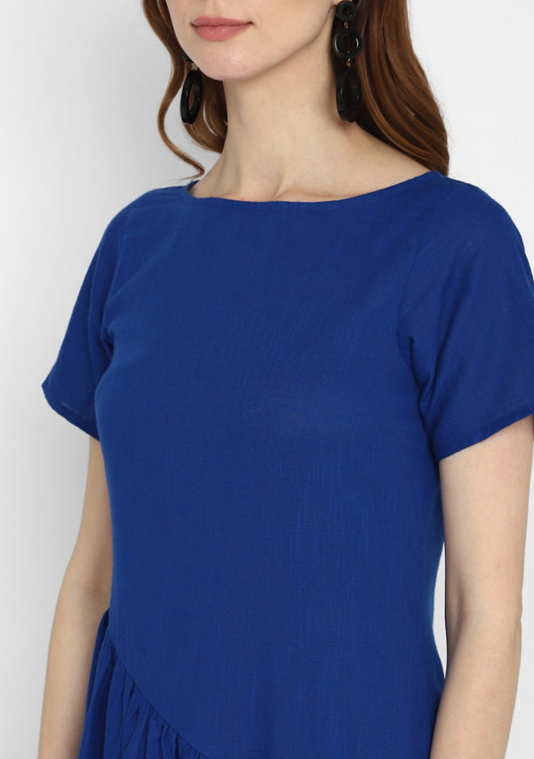 Royal Blue Long Cotton Dress With Gathered Waistline