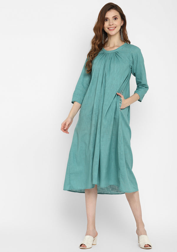 Aqua Calf Length Cotton Dress With Gathered Neckline