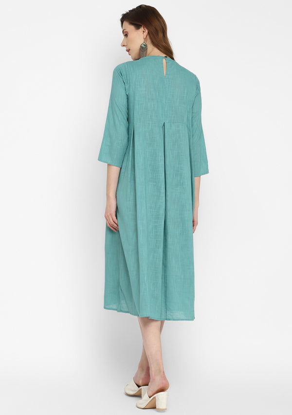 Aqua Calf Length Cotton Dress With Gathered Neckline