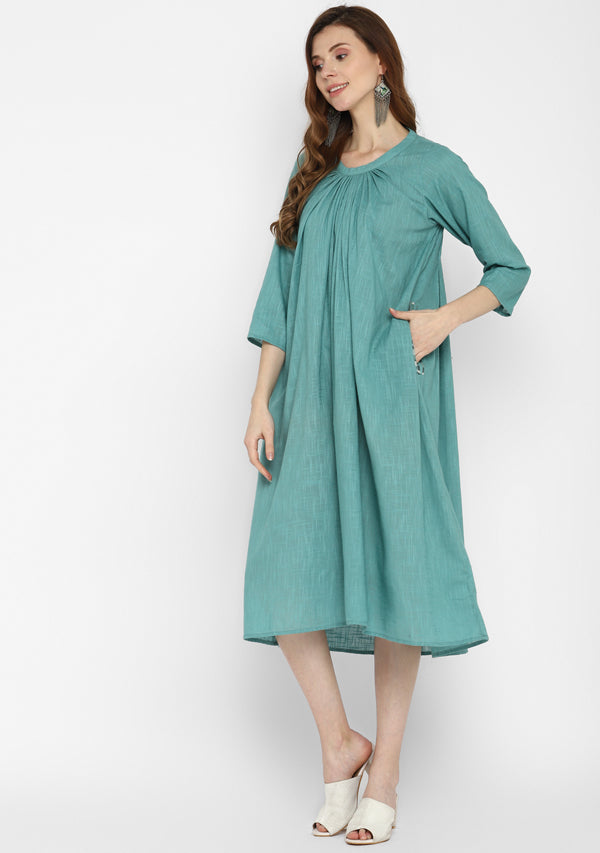 Aqua Calf Length Cotton Dress With Gathered Neckline
