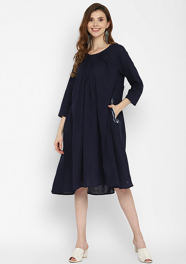 Navy Blue Calf Length Cotton Dress With Gathered Neckline