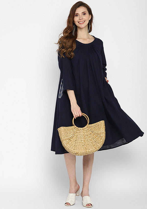 Navy Blue Calf Length Cotton Dress With Gathered Neckline