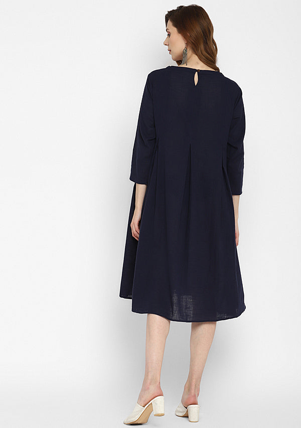 Navy Blue Calf Length Cotton Dress With Gathered Neckline