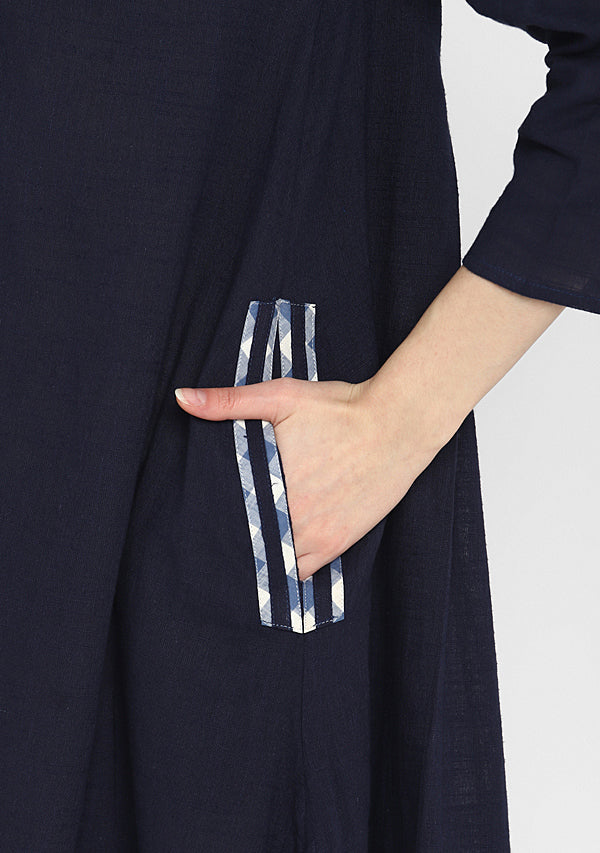 Navy Blue Calf Length Cotton Dress With Gathered Neckline