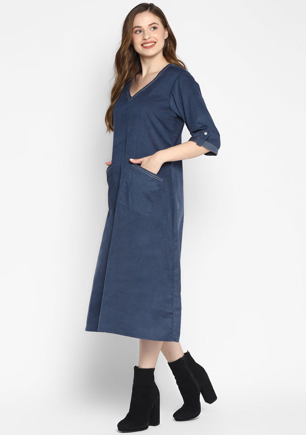 Corduroy Blue Calf Length Dress With Stitch lines on V-Neck and Pockets