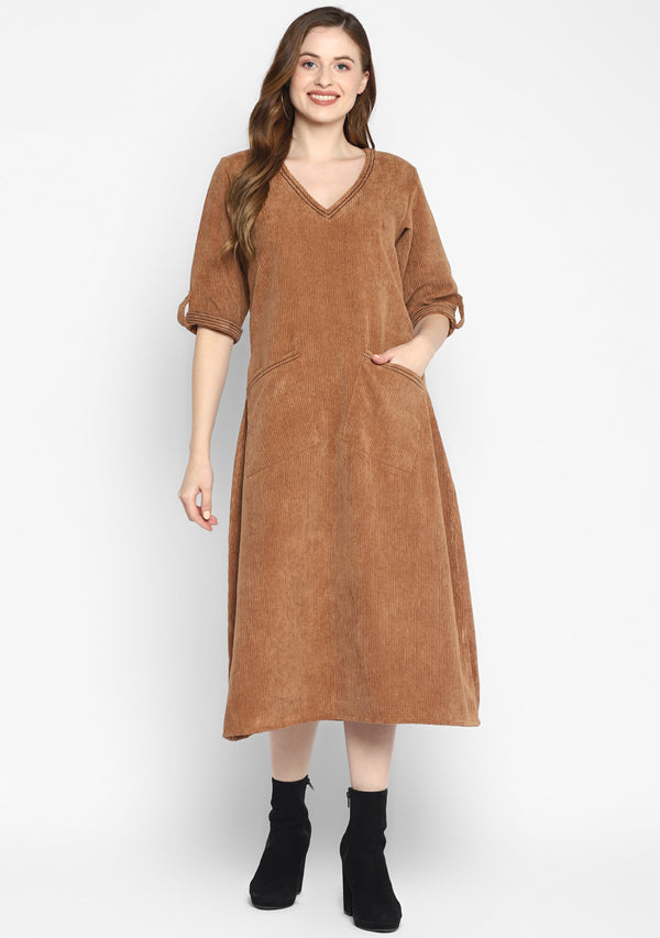 Corduroy Calf Length Brown Dress With Stitch lines on V-Neck and Pockets