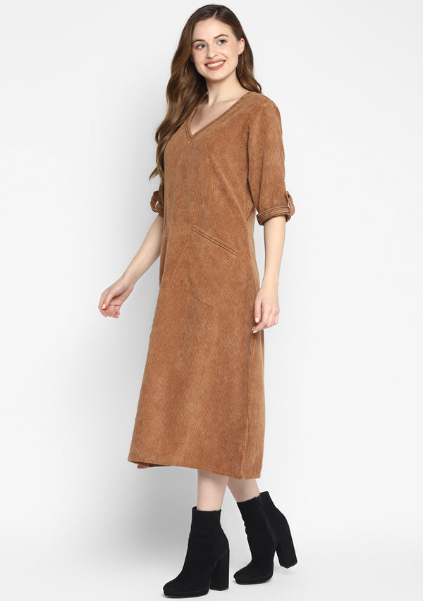 Corduroy Calf Length Brown Dress With Stitch lines on V-Neck and Pockets