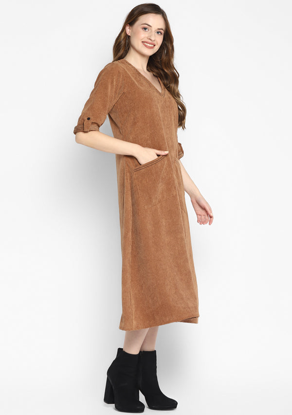 Corduroy Calf Length Brown Dress With Stitch lines on V-Neck and Pockets