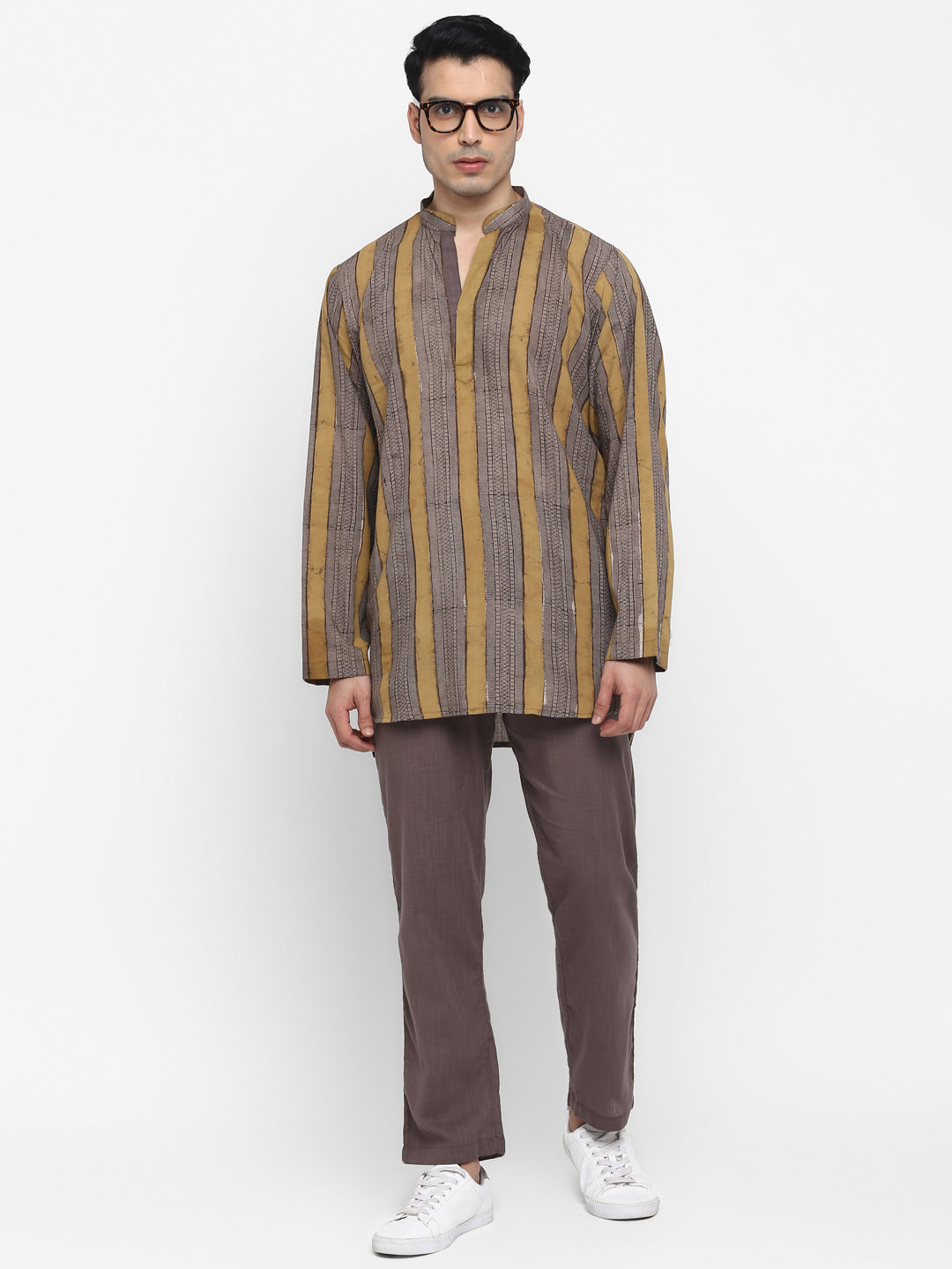 Grey Yellow Hand Block Printed Striped Cotton Shirt and Pyjamas For Men - unidra.myshopify.com