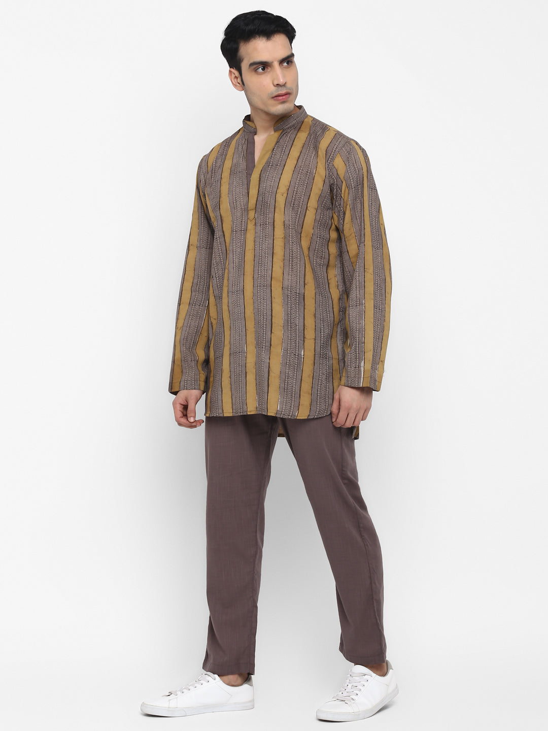 Grey Yellow Hand Block Printed Striped Cotton Shirt and Pyjamas For Men - unidra.myshopify.com