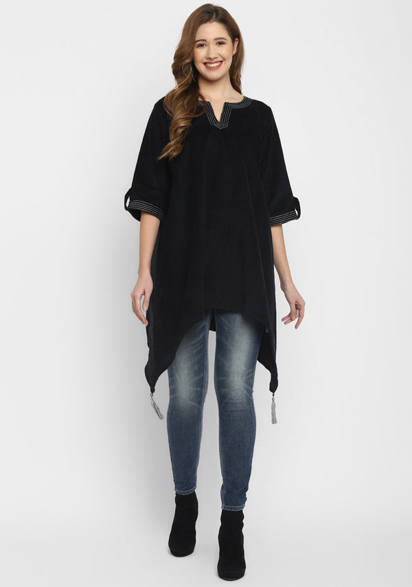 Corduroy Black Asymmetric Tunic with Contrast Stitch lines  and Tassels