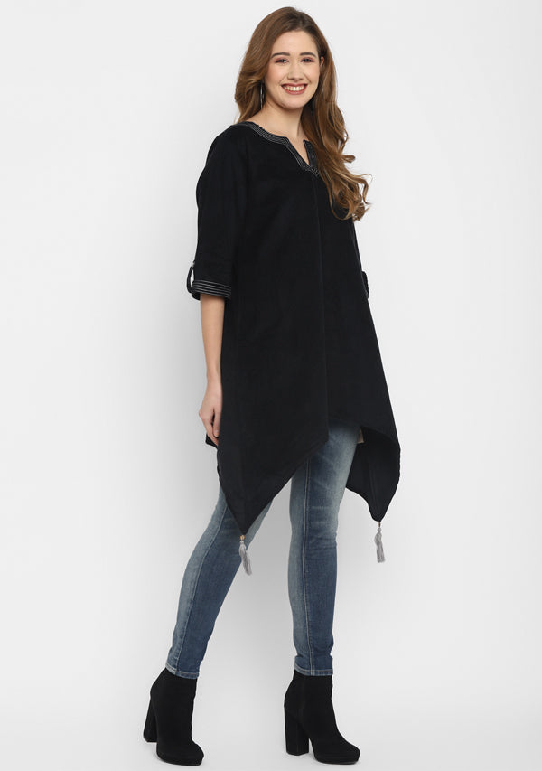 Corduroy Black Asymmetric Tunic with Contrast Stitch lines  and Tassels