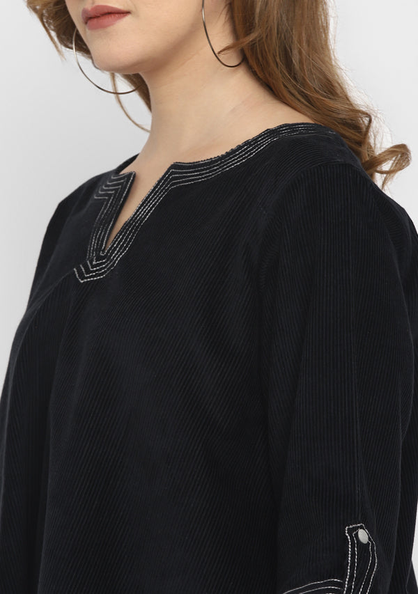 Corduroy Black Asymmetric Tunic with Contrast Stitch lines  and Tassels