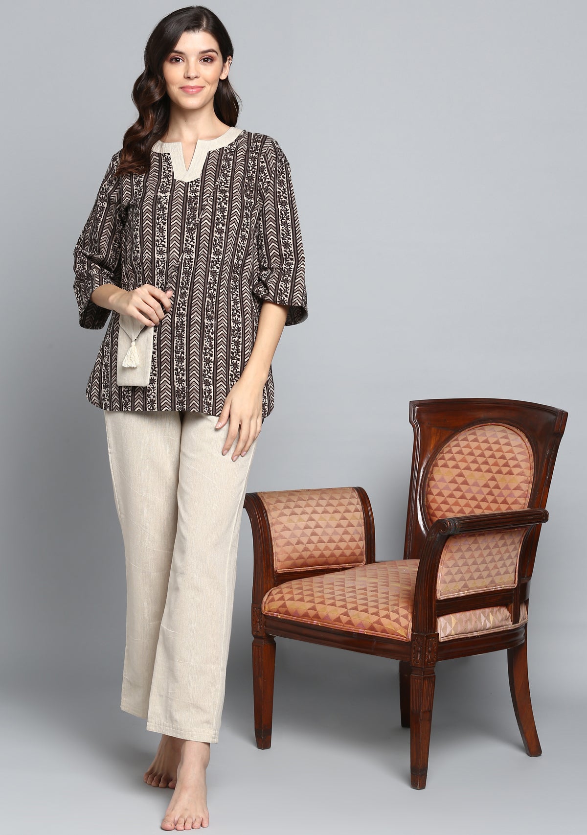 Beige Ivory Hand Block Printed Floral Cotton Night Suit - unidra.myshopify.com