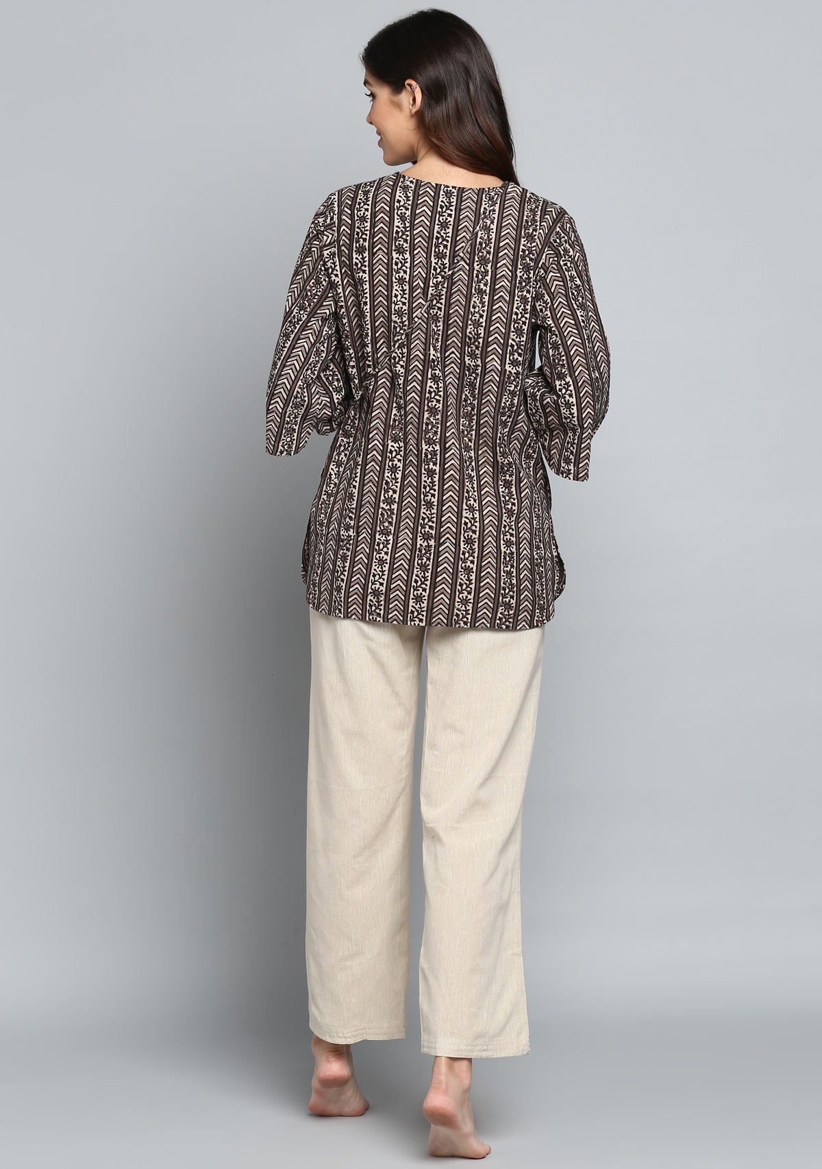 Beige Ivory Hand Block Printed Floral Cotton Night Suit - unidra.myshopify.com