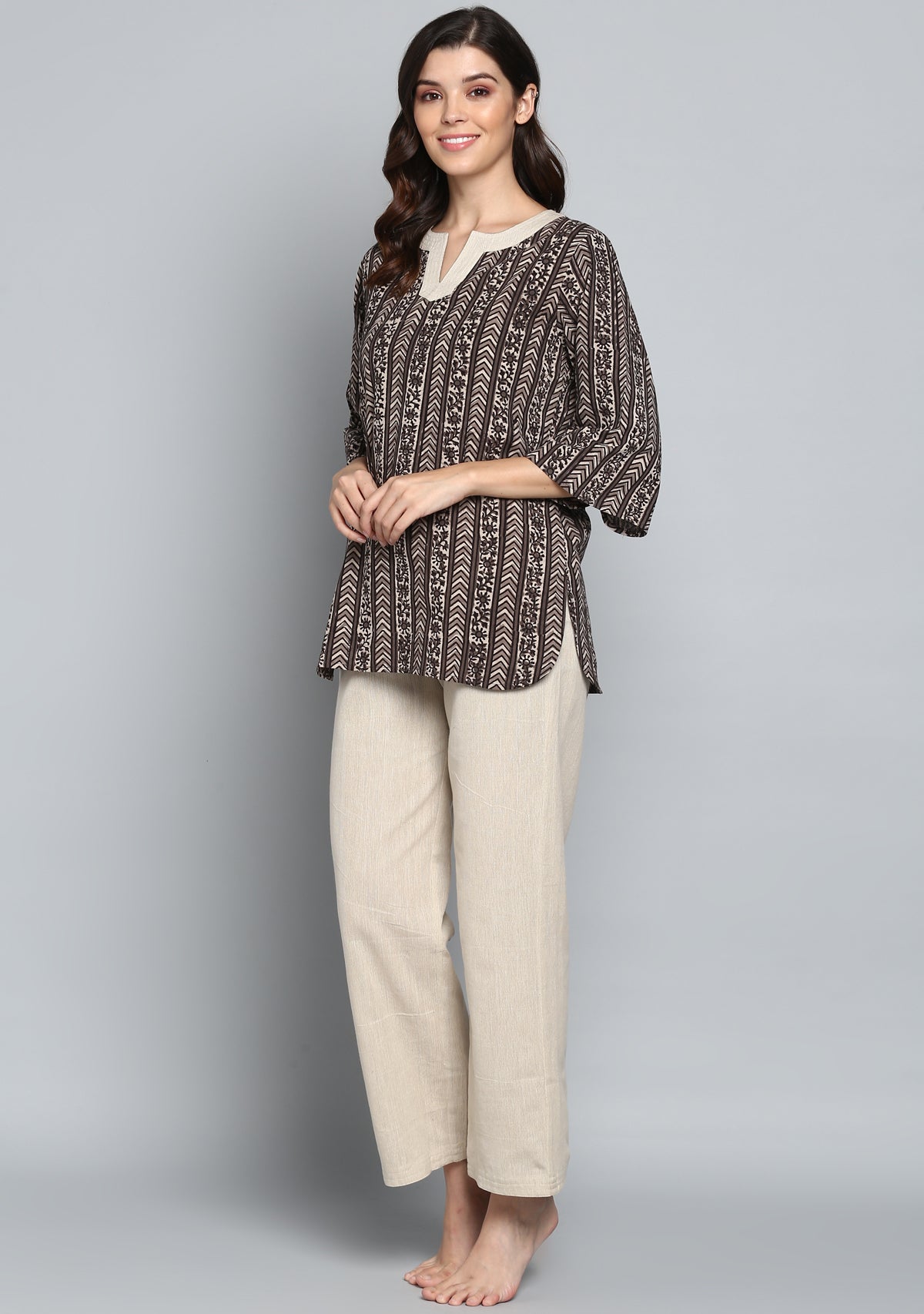 Beige Ivory Hand Block Printed Floral Cotton Night Suit - unidra.myshopify.com