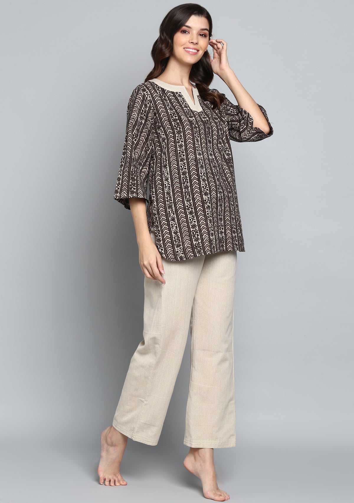 Beige Ivory Hand Block Printed Floral Cotton Night Suit - unidra.myshopify.com