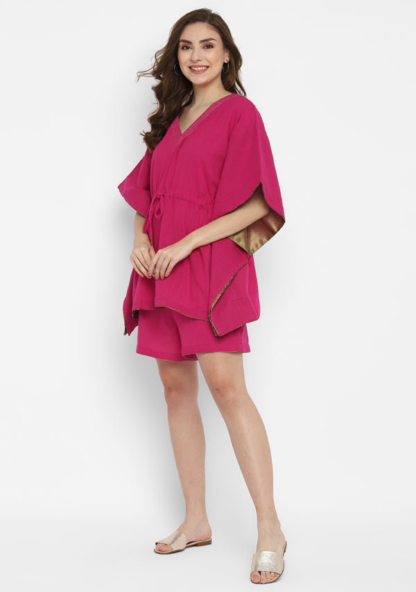 Fuchsia Short Kaftan with Bronze Trims and Elasticated Shorts