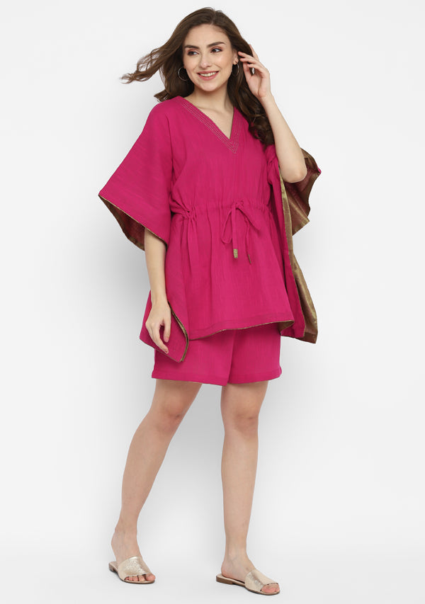 Fuchsia Short Kaftan with Bronze Trims and Elasticated Shorts