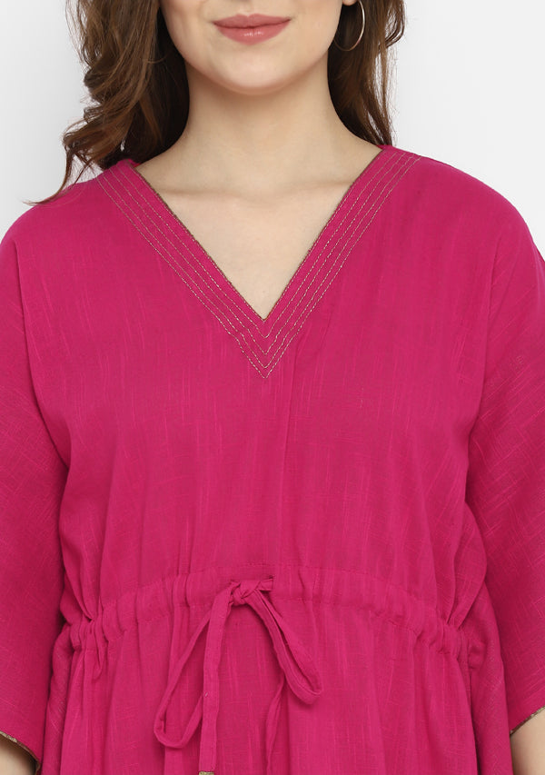 Fuchsia Short Kaftan with Bronze Trims and Elasticated Shorts