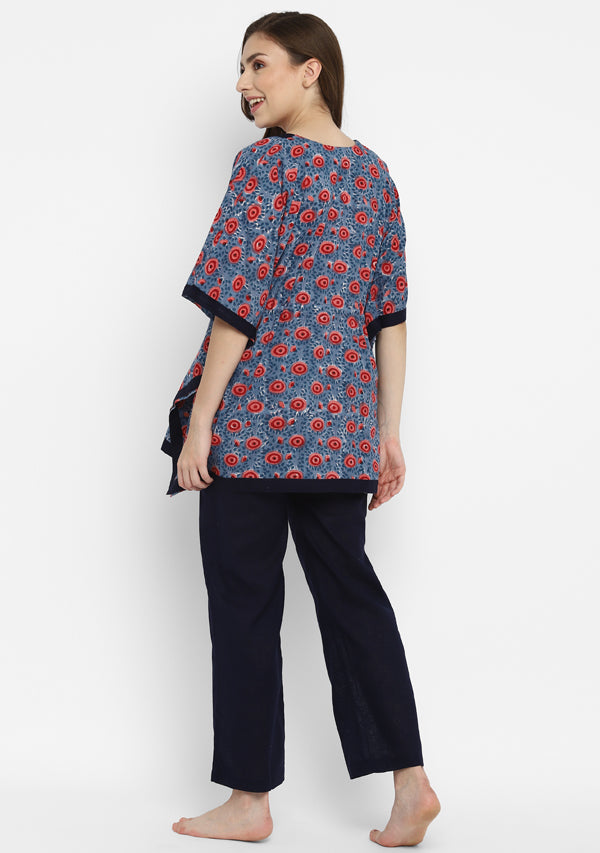 Blue Red Hand Block Flower Motif Printed Short Kaftan with Pyjamas