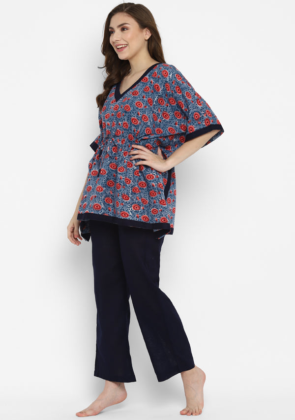 Blue Red Hand Block Flower Motif Printed Short Kaftan with Pyjamas