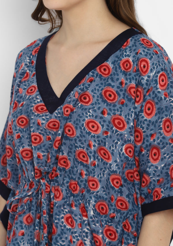 Blue Red Hand Block Flower Motif Printed Short Kaftan with Pyjamas