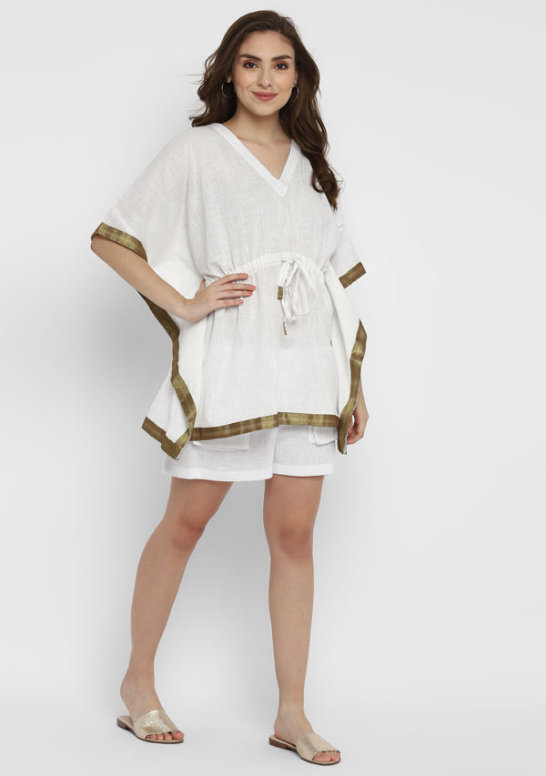 White Short Kaftan with Bronze Trims and Elasticated Shorts