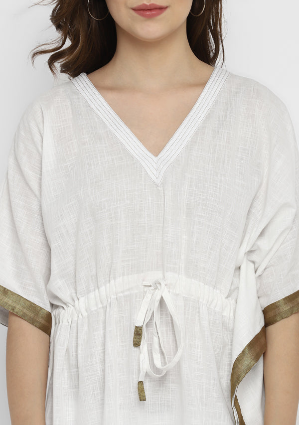 White Short Kaftan with Bronze Trims and Elasticated Shorts
