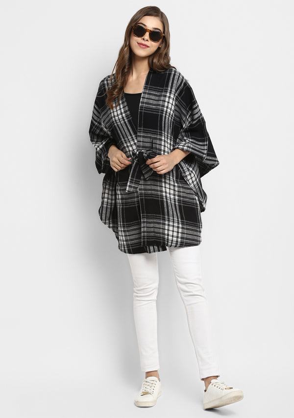 Flannel Black White Check Cape Jacket with Tie Up Belt - unidra.myshopify.com
