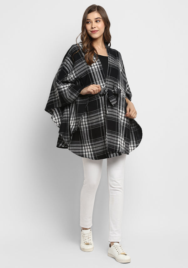 Flannel Black White Check Cape Jacket with Tie Up Belt - unidra.myshopify.com