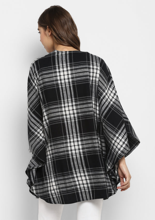 Flannel Black White Check Cape Jacket with Tie Up Belt - unidra.myshopify.com